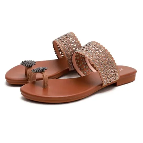 Sandale plate confortable décontractée pour femme – Noir / Marron – Mode et loisirs